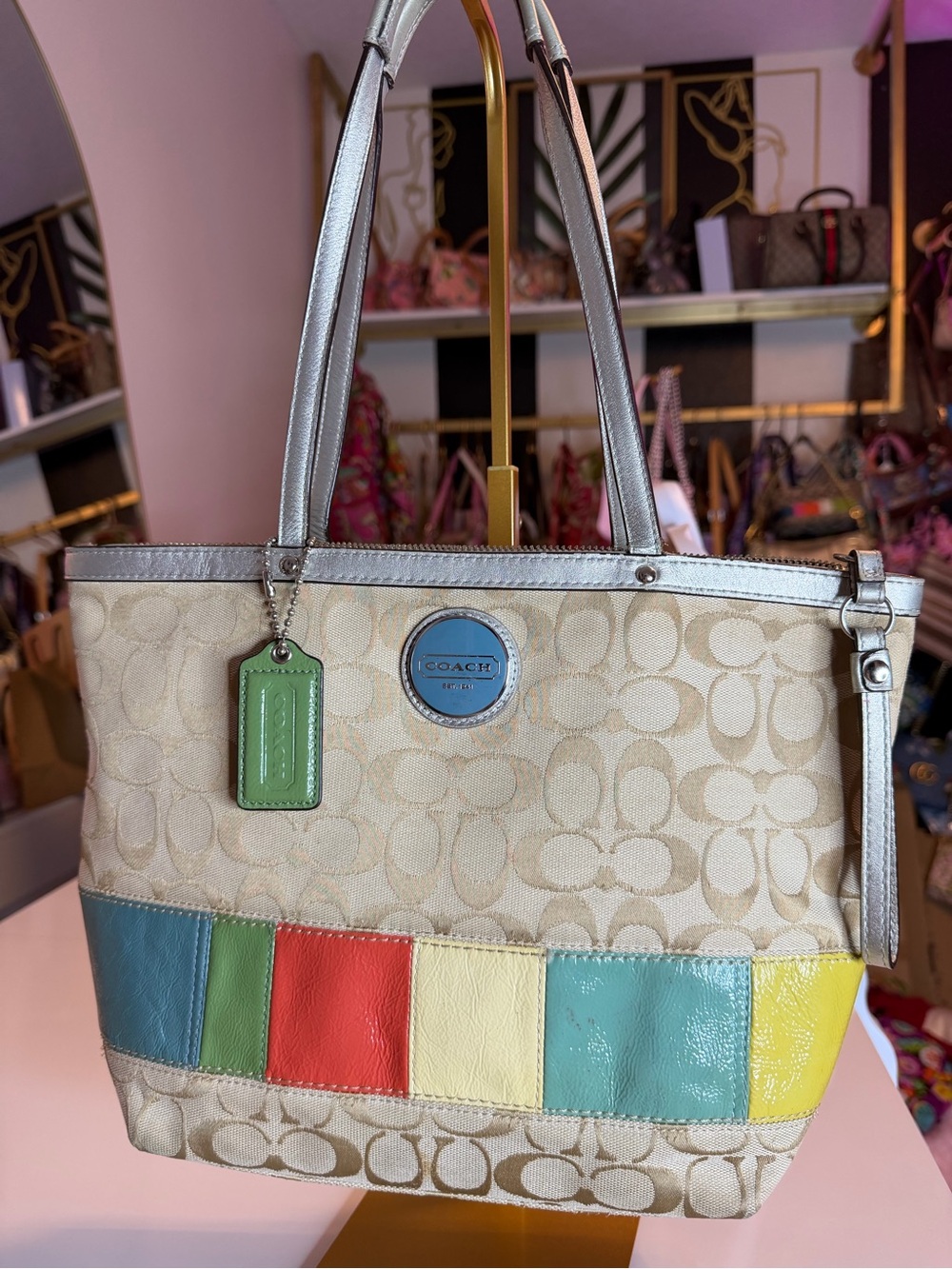 Coach F17426 Y2K Signature Multi Stripe Tote 2011 Multicolor Patent Bag